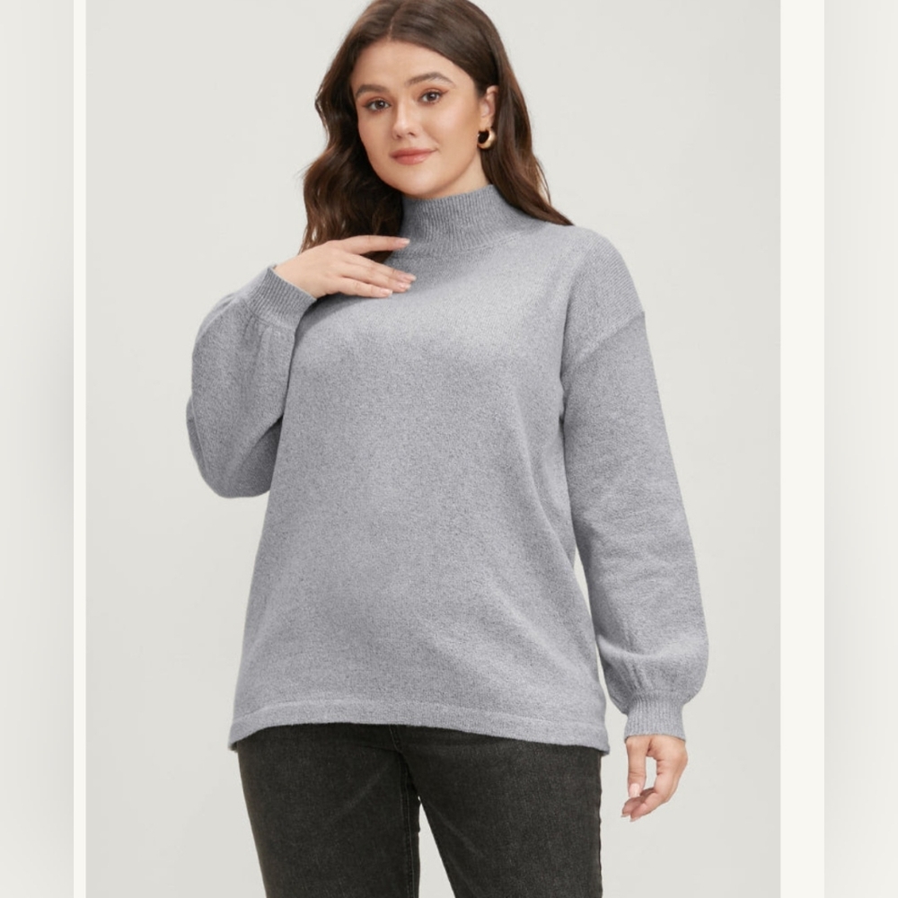 NWT Bloomchic Solid Pointelle Knit Lantern Sleeve Mock Neck Heather Gray Size 2X